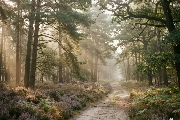 Mistig ochtendlicht door hoge dennenbomen op de Veluwe, gouden zonnestralen over paarse heide langs een zandpad.