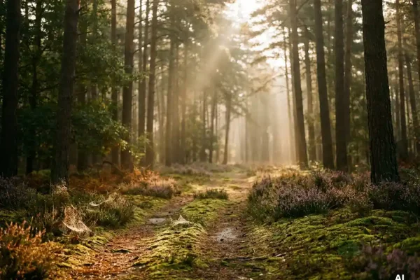 Gouden ochtendmist tussen dennenbomen op de Veluwe, met zonnestralen over een heipad en paarse heide op de achtergrond.