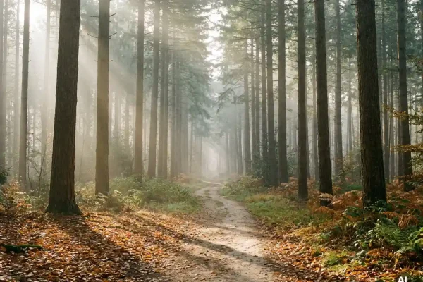 Ochtendmist tussen hoge dennenbomen in het Veluwse bos, gouden herfstlicht over een smal zandpad met amberkleurig gevallen blad.