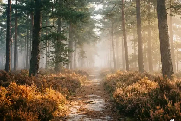 Mistige ochtend in het Veluwse dennenbos met gouden herfstlicht tussen rechte stammen en een smal zandpad door paarse heide.
