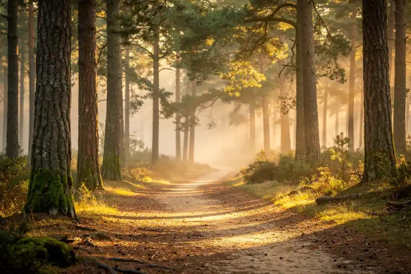 Mistig bospad op de Veluwe tussen hoge grove dennen tijdens het gouden uur, zacht ochtendlicht filtert door het bladerdak op een zanderig pad.