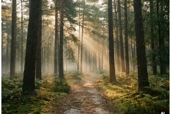Mistig ochtendlicht tussen hoge dennenbomen op de Veluwe, gouden zonnestralen door het bladerdak op een bemost zandpad.