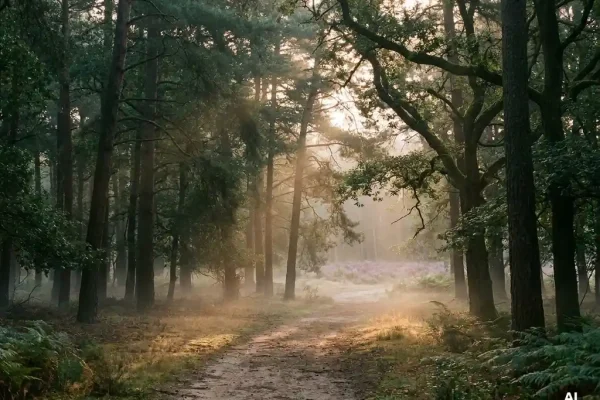 Mistig ochtendlicht door hoog dennenbos op de Veluwe, gouden zonnestralen over zandpad met paarse heide op de achtergrond.