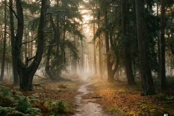 Mistige ochtend in het Veluwse dennenbos met gouden zonnestralen door het bladerdak en lage mist tussen de boomstammen.