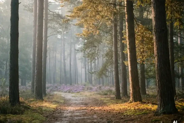 Mistig bospad door oude dennenbomen op de Veluwe, met gouden ochtendlicht, paarse heide op de achtergrond.