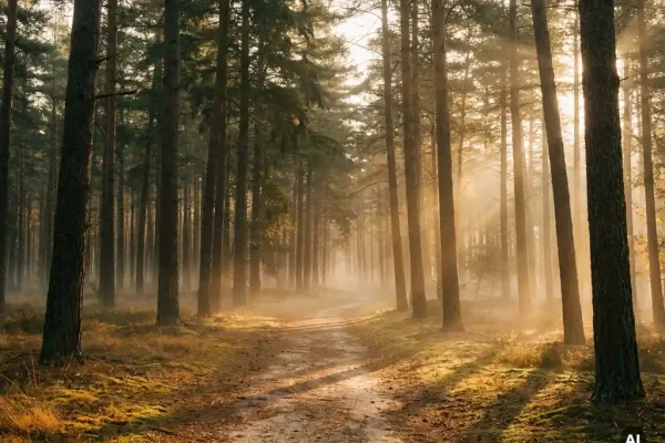 Ochtendmist tussen hoge dennenbomen in het Veluwse bos, gouden herfstlicht werpt lange schaduwen over een kronkelend zandpad.