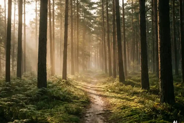 Ochtendmist tussen hoge dennenstammen in het Veluwse bos, gouden licht over een smal zandpad met mos.