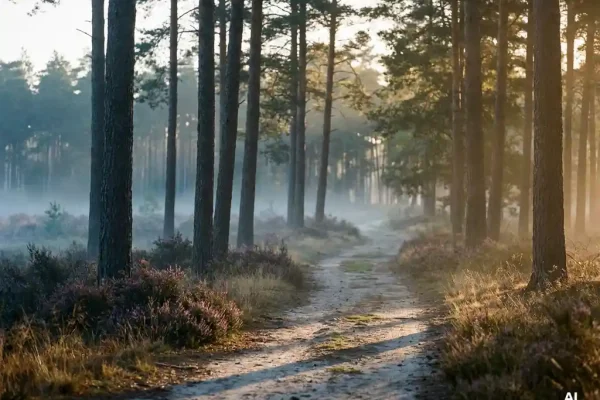 Ochtendmist tussen hoge dennenbomen op de Veluwe, gouden licht werpt lange schaduwen op een zandig bospad met paarse heide.