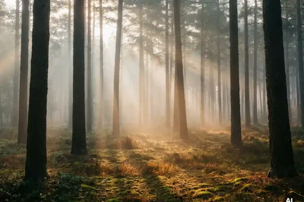 Ochtendmist tussen hoge dennenbomen in de Veluwe, met gouden zonlicht op een bemostе bosboden.