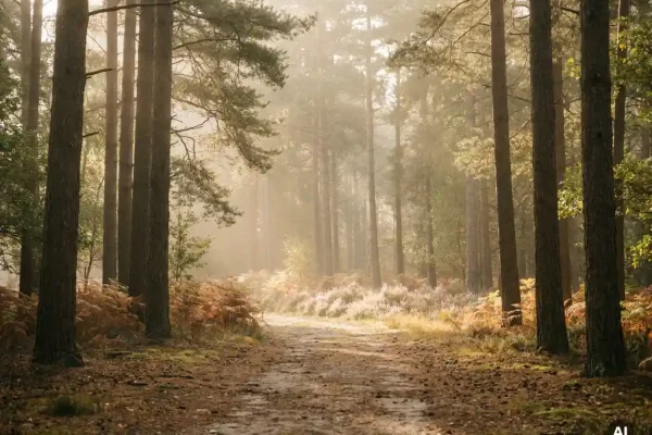 Ochtendmist tussen hoge dennenbomen op de Veluwe, gouden licht op een zandpad met paarse heide op de achtergrond.
