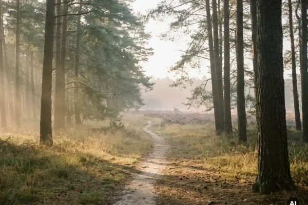 Ochtendmist tussen hoge dennenbomen op de Veluwe, zacht goudkleurig licht over een zandpad met paarse heide op de achtergrond.