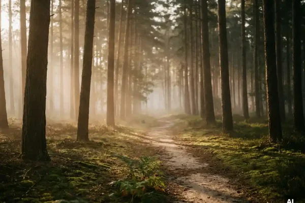 Ochtendmist tussen hoge dennenbomen in het Veluwse bos, zacht goudkleurig licht over een smal zandpad met mos.