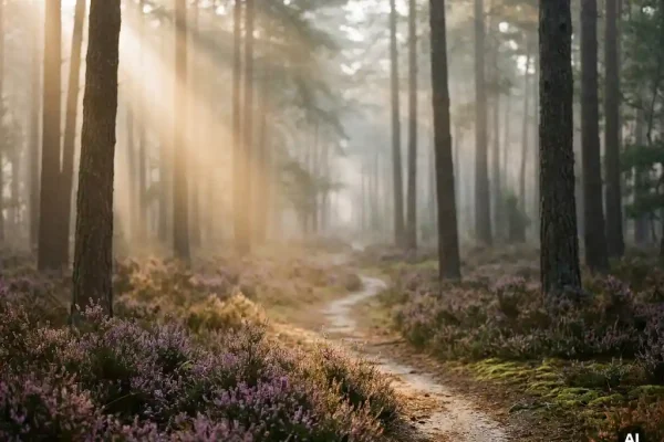 Ochtendmist tussen hoge dennenstammen in het Veluwse bos, gouden licht over paarse heide langs een smal zandpad.