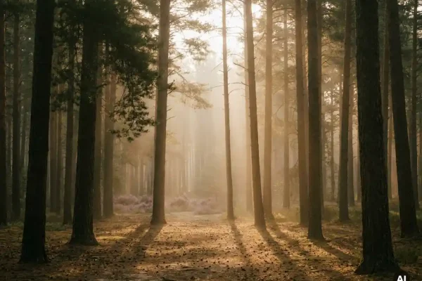 Ochtendmist tussen hoge dennenbomen in het Veluwse bos, met zacht goudkleurig licht, lange schaduwen op zandbodem en paarse heide op de achtergrond.