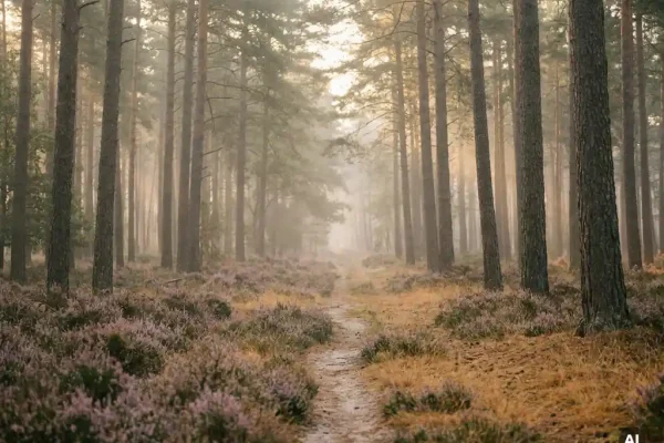 Ochtendmist tussen hoge dennenstammen in het Veluwse bos, met paarse heide en een smal zandpad dat verdwijnt in de nevel.