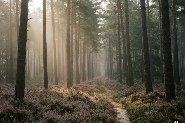 Ochtendmist tussen hoge dennenbomen in het Veluwse bos, met paarse heide en een smal zandpad dat verdwijnt in de nevel.