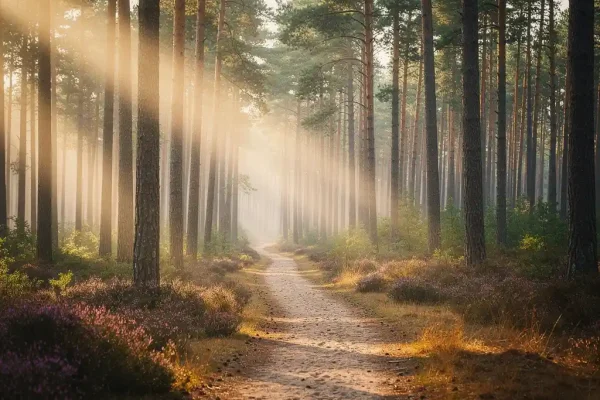 Smal zandpad door hoge Veluwse pijnbomen, met ochtendmist, diagonale zonnestralen en paarse heide langs de bosrand.