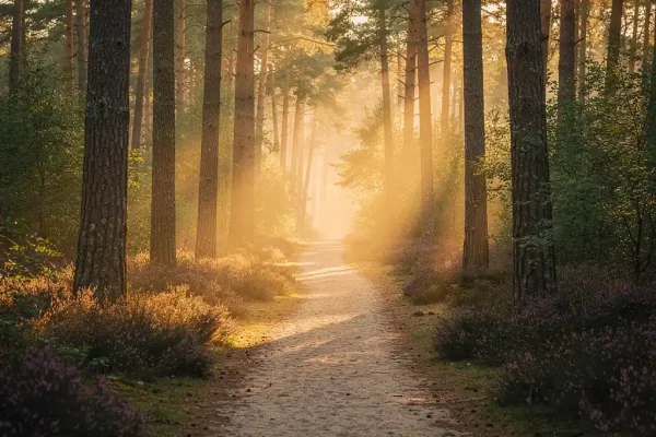 Smal zandpad door Veluwse dennenbossen met ochtendmist, gouden zonlicht tussen de stammen en paarse heide langs de rand.