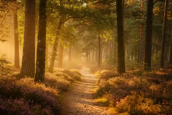 Smal zandpad door de Veluwe met dennenbomen, ochtendmist en paarse heide in gouden zonsopganglicht.