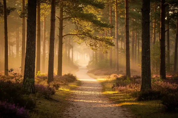 Smal zandpad door Veluwse dennenbossen met ochtendmist, gouden zonlicht door het bladerdak en paarse heide op de achtergrond.