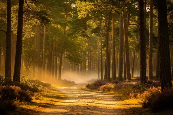 Zandpad door het Veluwse dennenbos met gouden ochtendlicht, paarse heide en lage grondmist tussen de bomen.