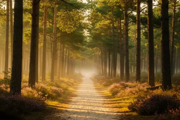 Zandpad door hoge dennenbomen op de Veluwe met gouden ochtendlicht, lange schaduwen en paarse heide tussen de bomen.