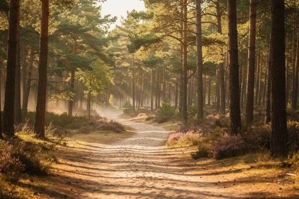 Bospad op de Veluwe met dennenbomen, goudkleurig ochtendlicht en paarse heide op de achtergrond.