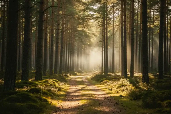 Slingerend bospad door hoge dennenbomen op de Veluwe, met gouden ochtendlicht en lage mist tussen de stammen.