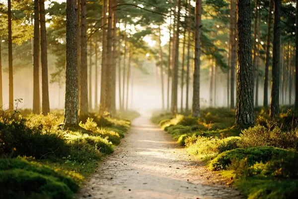 Bospad door hoge dennenbomen op de Veluwe, met gouden ochtendlicht door het bladerdak en lichte mist tussen de stammen.