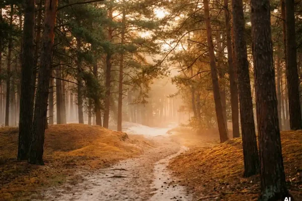 Smal zandpad door dennenbos op de Veluwe bij gouden uur, met amberkleurige stuifzanden en ochtendmist tussen de grove dennen.