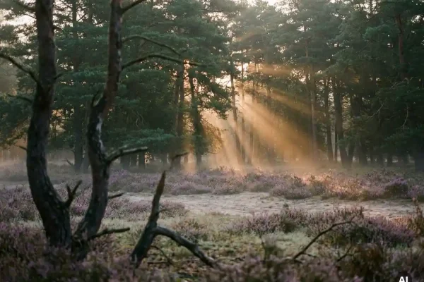 Mistige ochtendzon door hoge dennenbomen op de Veluwse heide, met paarse heide en goudkleurig licht in een open zandvlakte.