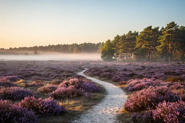 Uitgestrekt heidelandschap op de Veluwe met paarse heide, ochtendmist en een zandpad richting dennenbos in goudkleurig licht.