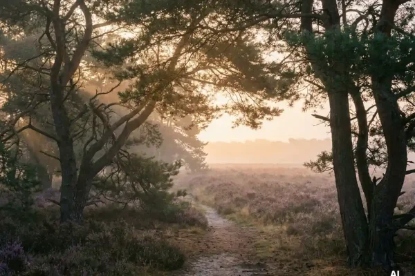 Gouden ochtendmist tussen oude pijnbomen op de Veluwe, met een paars heideveld en zandpad in zacht herfsttlicht.