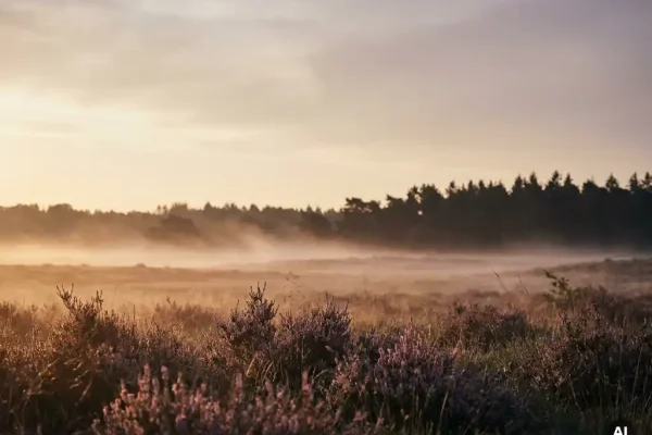 Mistige Veluwse heide bij zonsopgang, paarse heide voor een dennenbossilhouet, met warme amber- en violettinten in de ochtendschemering.