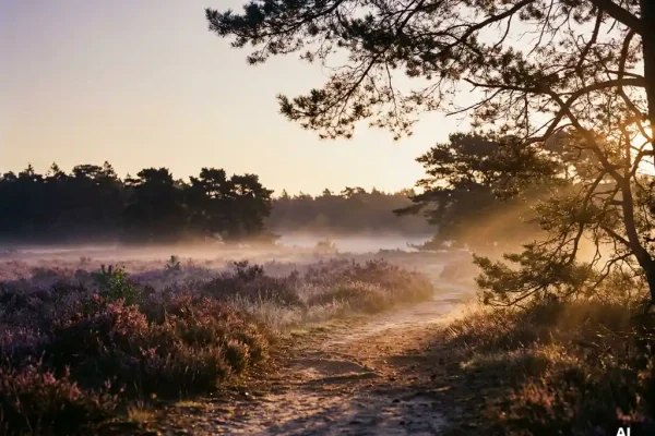Paarse heide in volle bloei op de Veluwe, met ochtendmist, silhouet van dennenbos en gouden herfstlicht op een zandpad.