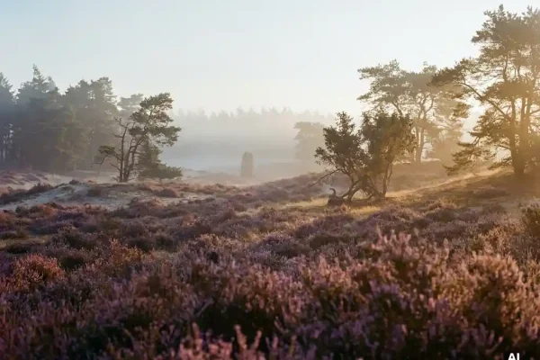 Mistige heidegrond op de Veluwe bij dageraad, paarse heide over zandheuvels met dennenbomen in zachte ochtendmist.