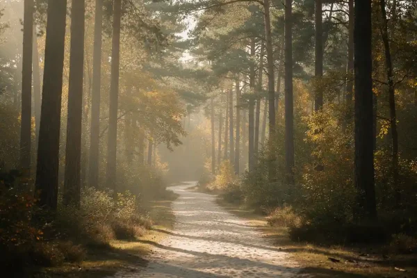 Zandpad door Scots dennenbos op de Veluwe, met ochtendmist tussen de stammen en gouden herfstlicht dat lange schaduwen werpt.